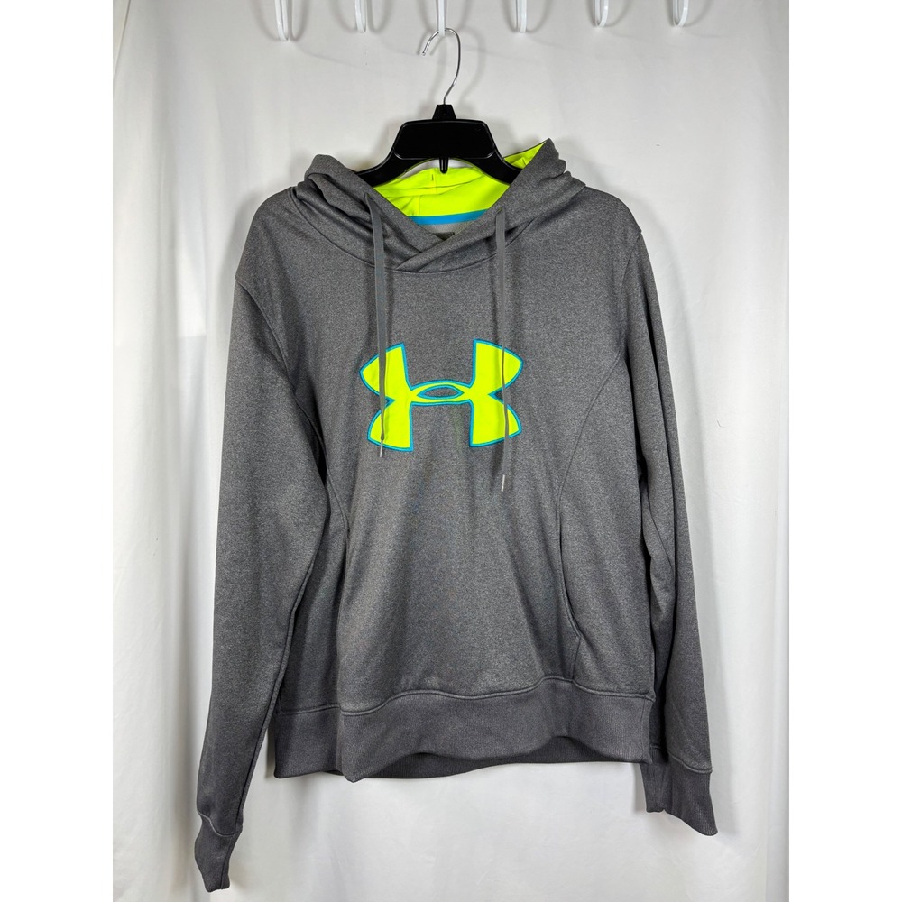 Under Armour ColdGear Womens XL Hoodie Gray Neon Yellow Semi-Fitted Pullover